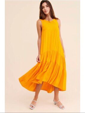 New Maeve Anthropologie Marlene Tiered Maxi Dress Hi-Low Sleeveless Orange